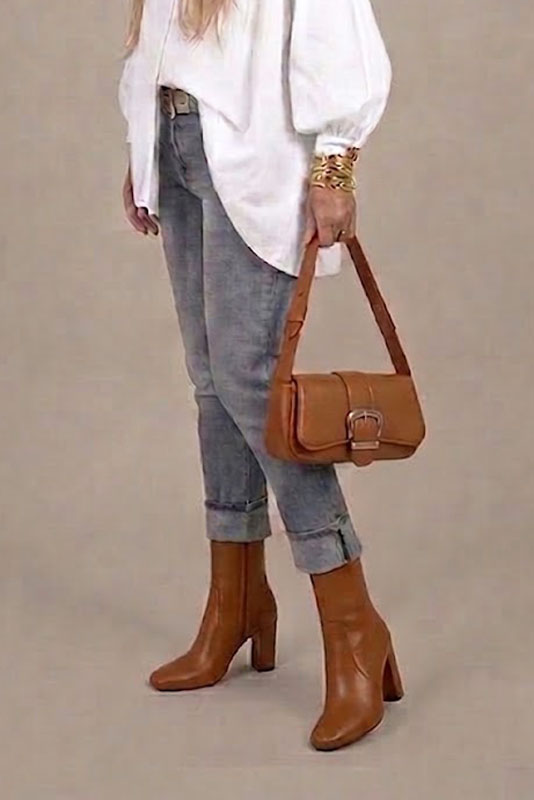 Dress ankle boots inside zip in caramel brown leather with high block heels and round toe - Top view